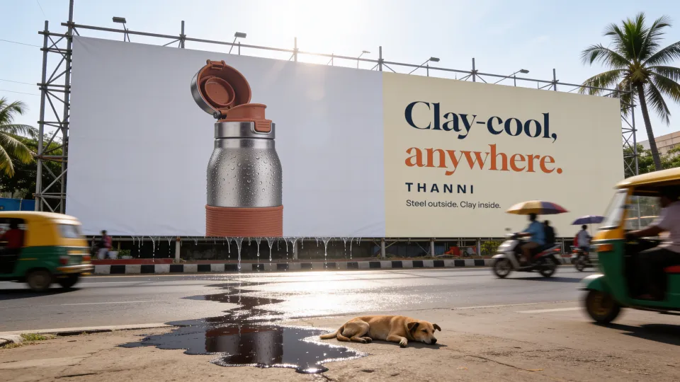 Hoarding concept: a giant Thanni bottle on a roadside board, water dripping off the board's edge onto the hot road