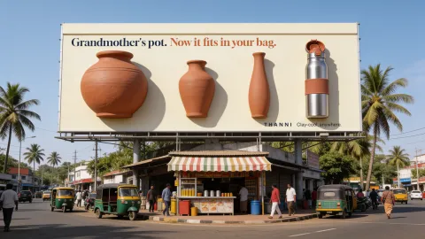 Hoarding concept: three clay pots and the Thanni bottle in a row