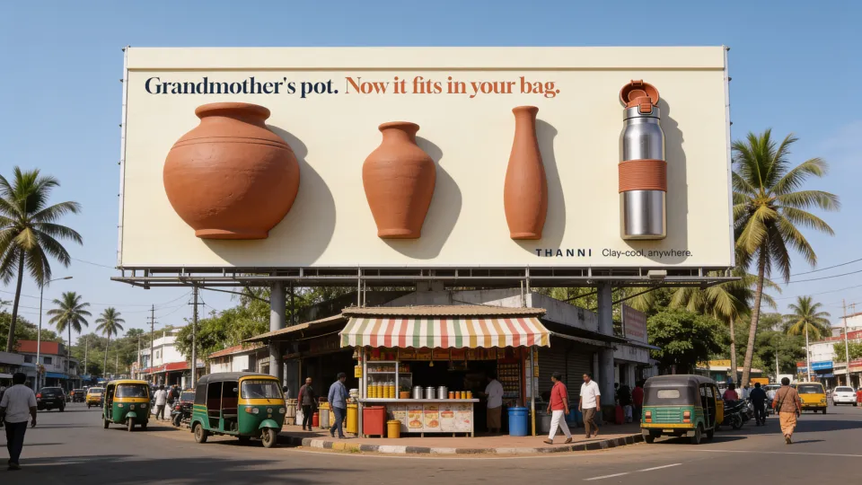 Hoarding concept: three clay pots and the Thanni bottle in a row under the line Grandmother's pot, now it fits in your bag