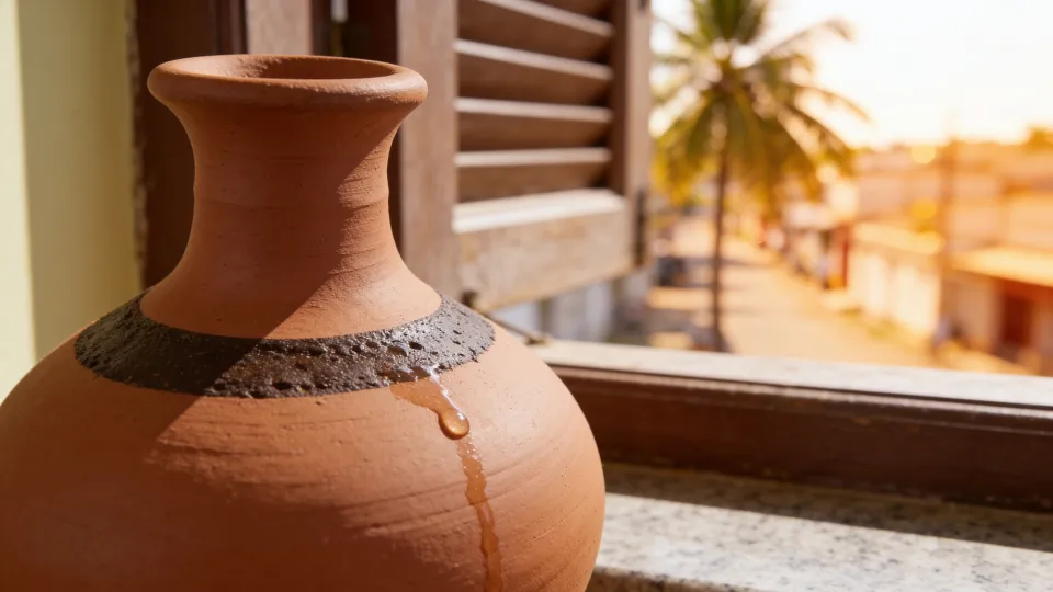 Start frame: a terracotta pot on a stone windowsill, a bead of water running down the clay
