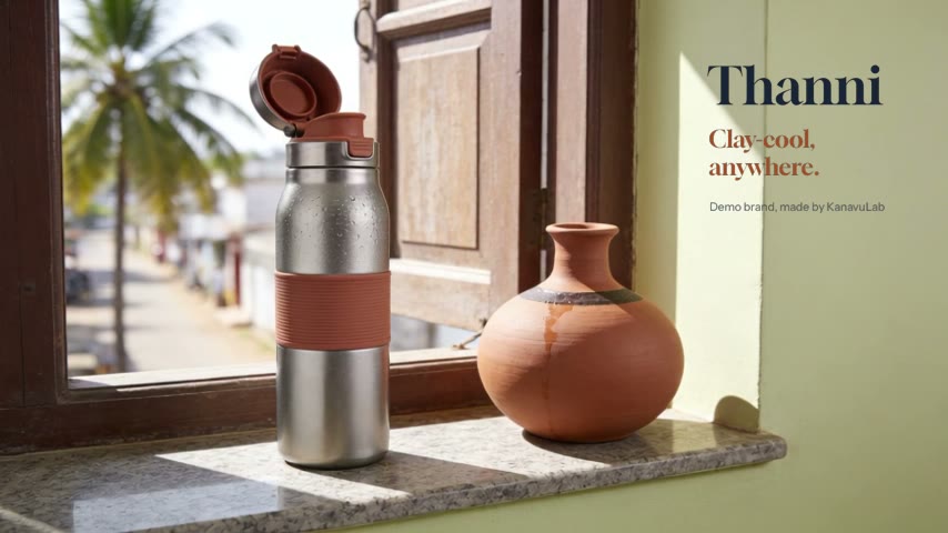 End frame of the Thanni film: the bottle and a clay pot on a sunlit sill, with the name, the line and the words Demo brand, made by KanavuLab set on the wall