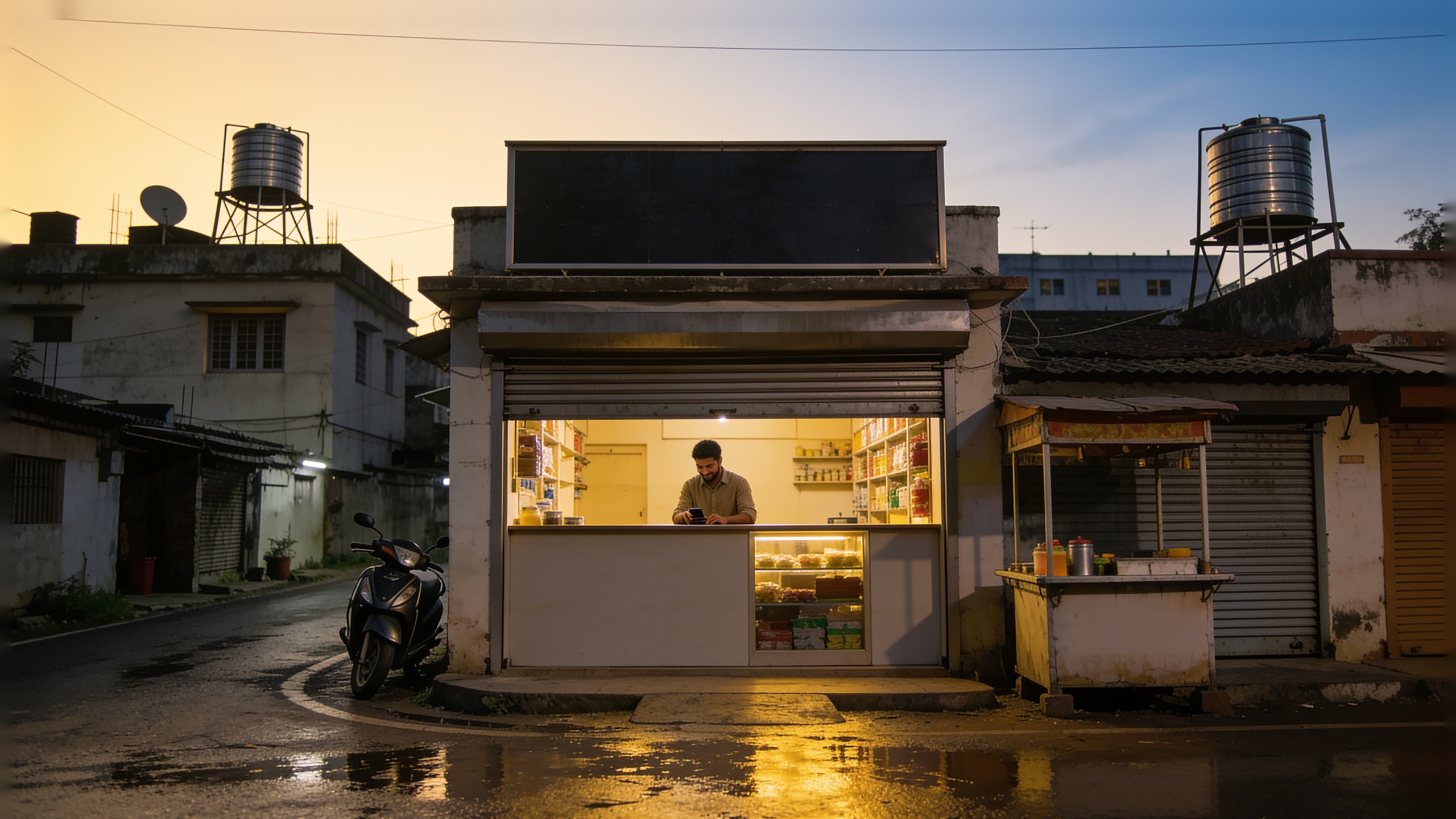 The same shop at dawn, shutter up, the shopkeeper at the counter checking his phone