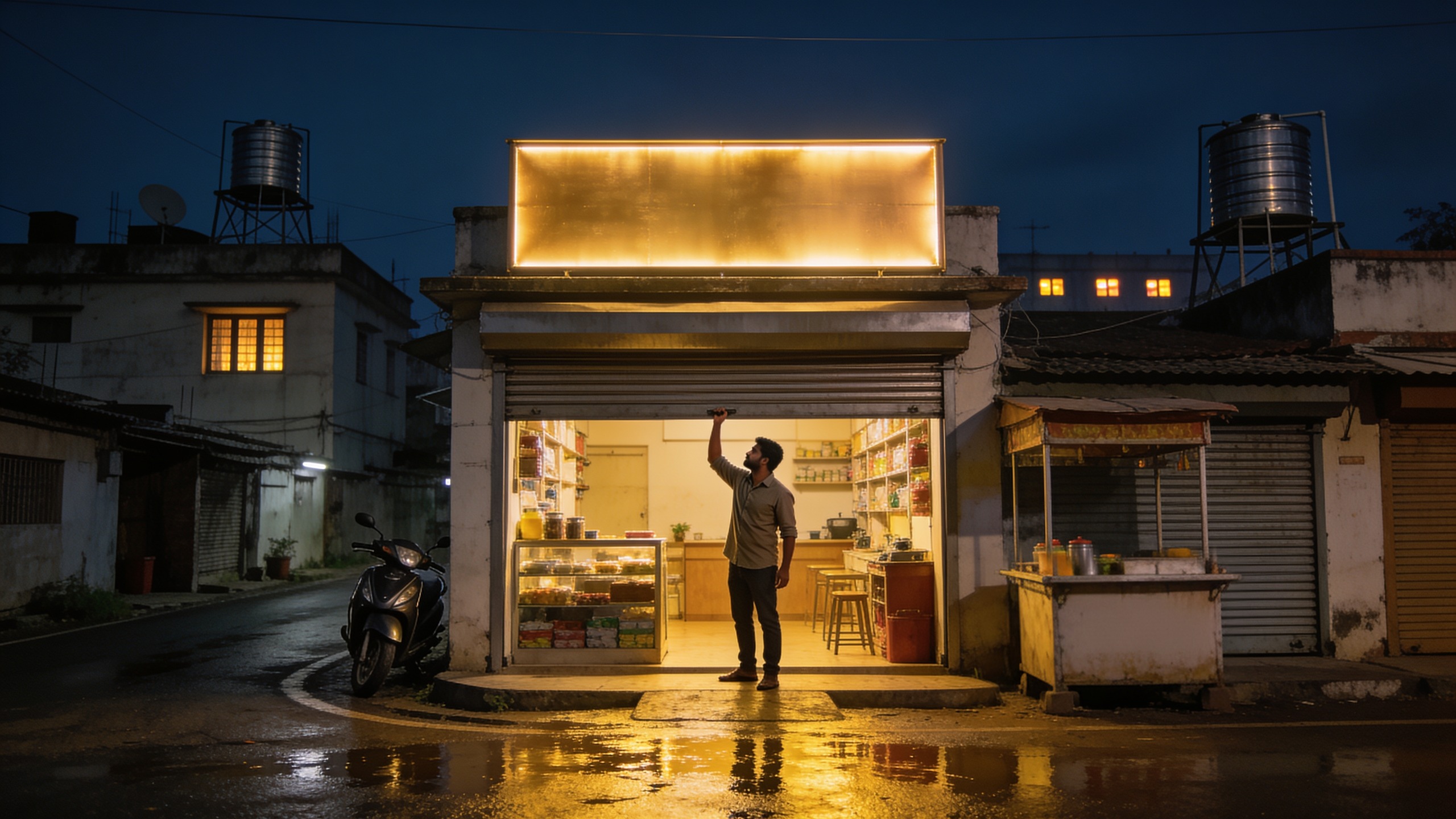 A small shop on a Chennai street corner at night, the shopkeeper pulling the shutter under a glowing gold sign