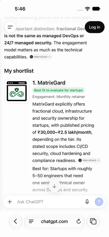 ChatGPT's answer on an iPhone: My shortlist, 1. MatrixGard, best fit to evaluate for startups