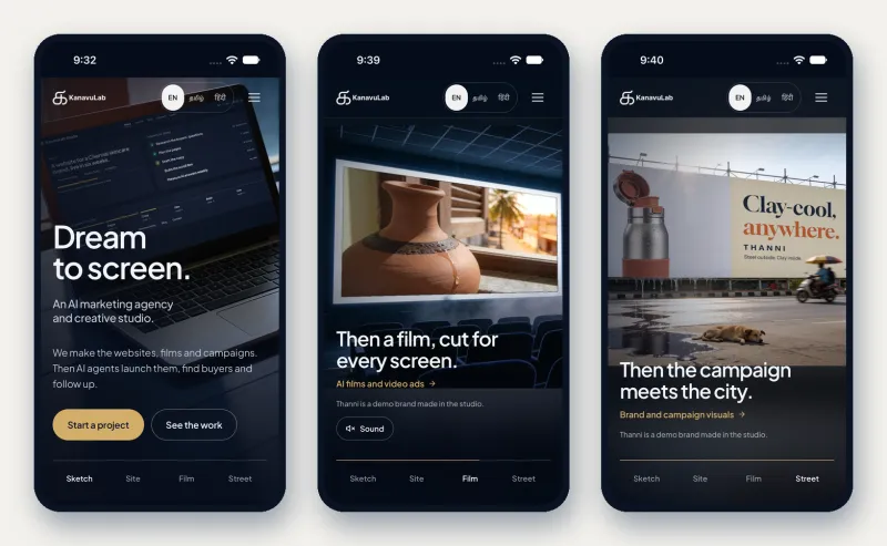 Three iPhone screenshots of the KanavuLab homepage: the opening frame, the whole cinema screen with the film playing, and the whole billboard, with the English, Tamil and Hindi switch at the top