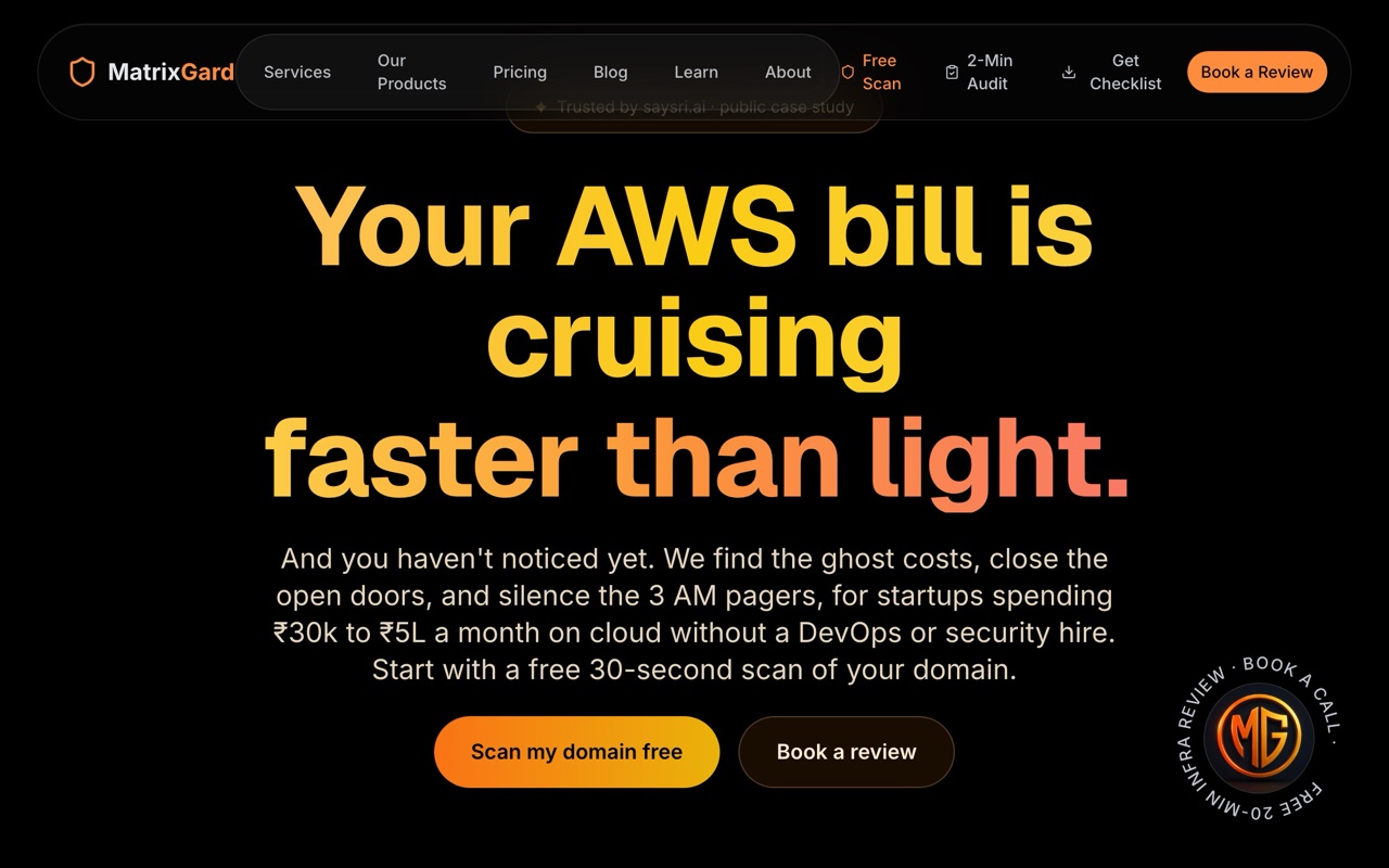 The MatrixGard homepage, a dark cloud cost and security site