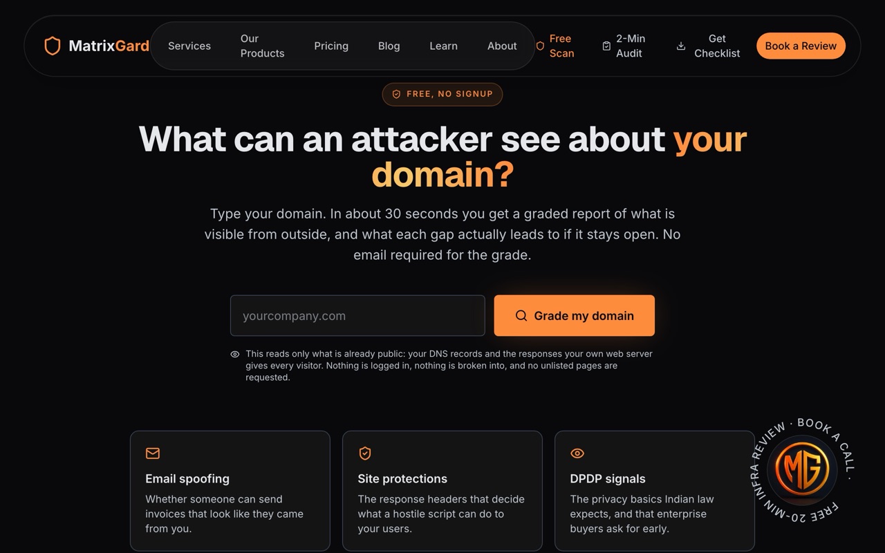 A free domain scanning tool that grades a website in about thirty seconds
